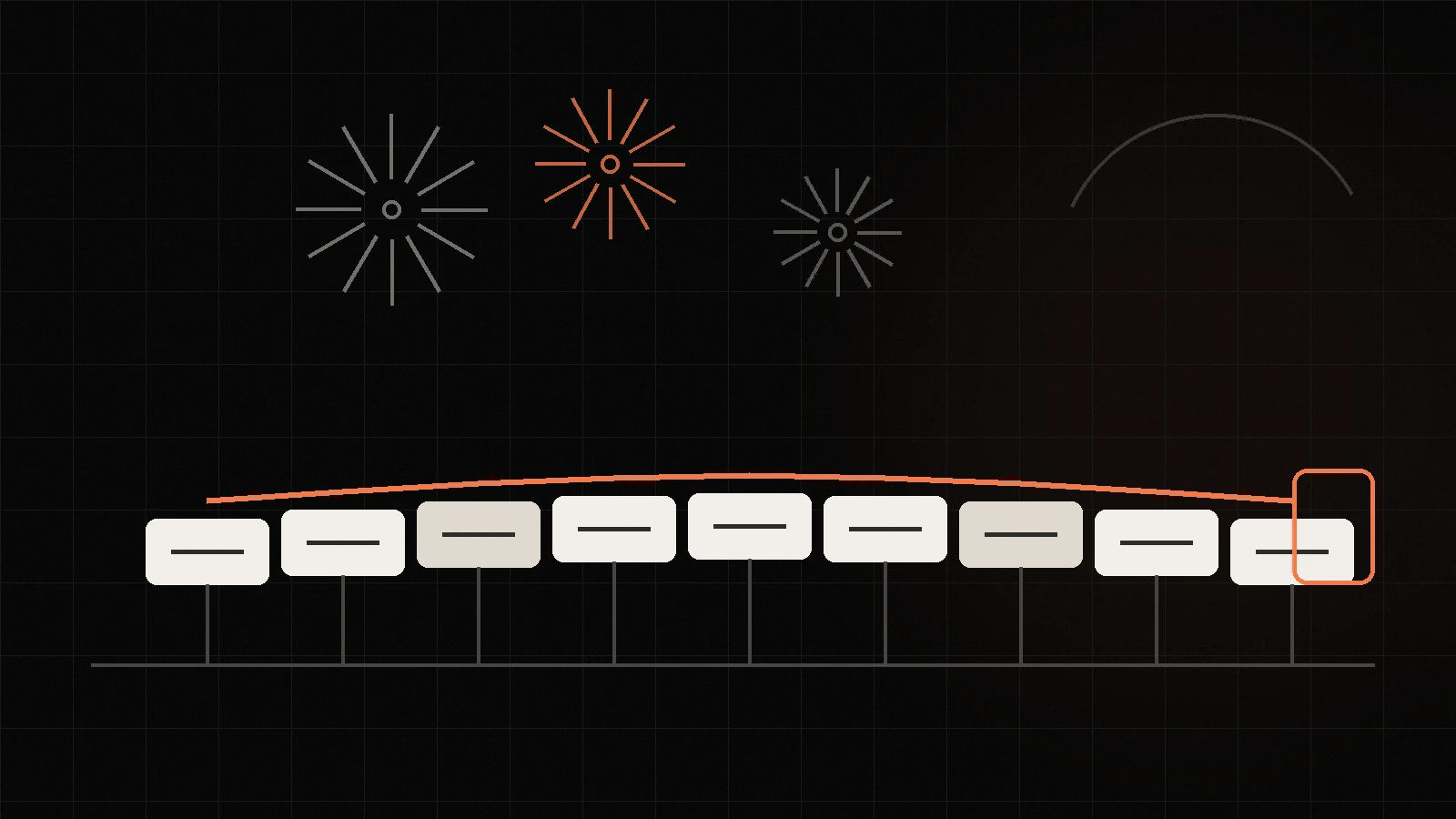 A stable bridge built from repeated blocks beneath temporary decorative bursts